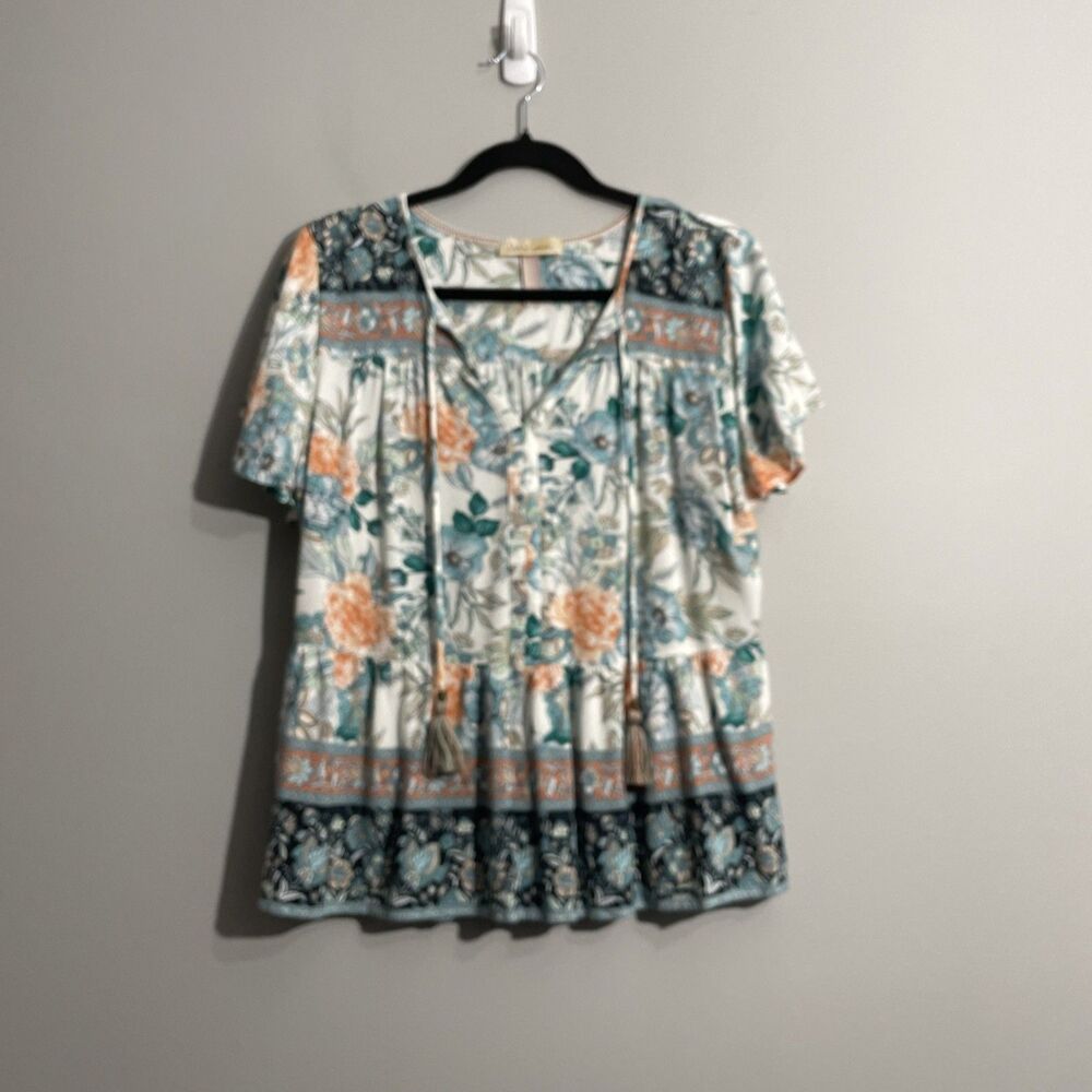 Davina Women’s Art Teacher Chic Multicolor Floral V-Neck Blouse Large